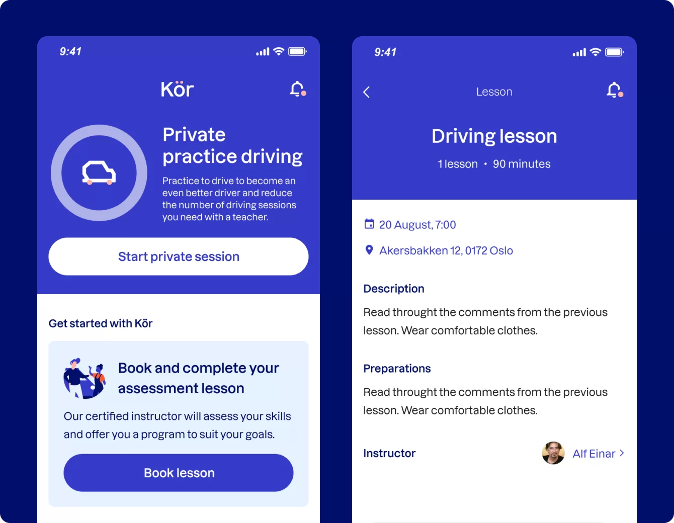 koer driving lesson screens